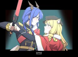 Rule 34 | 2girls, absurdres, animal ears, arknights, black headwear, black shirt, blonde hair, blue hair, cape, ch&#039;en (arknights), dragon girl, dragon horns, drill hair, drill sidelocks, emile aoi, eye contact, fur-trimmed cape, fur trim, green eyes, hat, height difference, highres, holding, holding sword, holding weapon, horns, looking at another, low twintails, multiple girls, red cape, red eyes, shirt, sidelocks, swire (arknights), sword, tiger ears, tiger girl, twintails, uniform, weapon