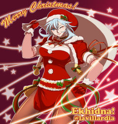 Rule 34 | !, 1girl, artist name, bell, blue eyes, blue hair, bow, breasts, character name, christmas, christmas ornaments, cleavage, echidna (fire emblem), fire emblem, fire emblem: the binding blade, fire emblem heroes, fur trim, gloves, hat, highres, large breasts, lavillardia, leaf, long hair, looking at viewer, merry christmas, nintendo, one eye closed, pantyhose, parted lips, red background, santa costume, santa hat, simple background, smile, solo, standing, star (symbol), teeth