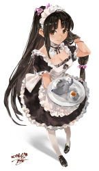 Rule 34 | 1girl, ahoge, alternate costume, apron, black footwear, black hair, blush, breasts, brown eyes, cup, dated, dress, enmaided, frills, hand in own hair, highres, holding, holding tray, kantai collection, loafers, long hair, looking at viewer, low-tied long hair, maid, maid apron, maid headdress, ponytail, puffy short sleeves, puffy sleeves, saucer, shoes, short sleeves, shouhou (kancolle), signature, smile, solo, teapot, toka (marchlizard), tray