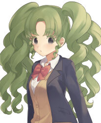 Rule 34 | 1girl, bad id, bad twitter id, black jacket, blazer, bow, bowtie, cardigan, collared shirt, colored eyelashes, falulu, falulu (awakened), green hair, grey eyes, highres, inactive account, jacket, long hair, long sleeves, looking at viewer, open mouth, parted bangs, pretty series, pripara, red bow, red bowtie, school uniform, shirt, shiyurinpu, sidelocks, simple background, solo, twintails, upper body, white background, white shirt, yellow cardigan
