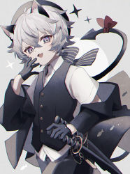 Rule 34 | 1boy, :3, animal ear fluff, animal ears, beret, black gloves, black hat, black jacket, black pants, black vest, bow, buttons, cat boy, cat ears, cat tail, commentary request, cowboy shot, demon tail, fang, gloves, grey background, grey eyes, grey hair, half gloves, hand on hilt, hat, highres, jacket, long sleeves, looking at viewer, male focus, multiple swords, namiki itsuki, off shoulder, original, pants, red bow, shirt, simple background, smile, solo, sparkle, sword, tail, tail bow, tail ornament, vest, weapon, white shirt