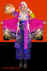Rule 34 | 1girl, black footwear, boots, braid, breasts, company name, dark-skinned female, dark skin, fingernails, floral print, flower, full body, hair flower, hair ornament, haori, highres, hololive, hololive english, japanese clothes, kimono, limiter (tsukumo sana), long hair, nail polish, official alternate costume, official art, pako (pakosun), pink nails, planet hair ornament, print kimono, solo, star (symbol), star print, tsukumo sana, tsukumo sana (new year), twin braids, twintails, virtual youtuber, yatagarasu (tsukumo sana), yellow eyes