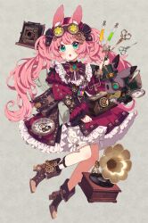 Rule 34 | 1girl, :o, animal ears, antique phone, aqua eyes, blush, boots, bow, brooch, brown bow, clock, dress, frilled dress, frilled sleeves, frills, full body, gears, goggles, grey background, hair bow, hair ornament, high heels, holding, jewelry, long hair, long sleeves, looking at viewer, mamyouda, open mouth, original, phone, phonograph, pink hair, rabbit ears, rabbit girl, scissors, solo, steampunk, stuffed animal, stuffed rabbit, stuffed toy, test tube, twintails