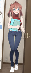 Rule 34 | 1girl, alternate costume, bespectacled, blue eyes, blue pants, breasts, brown hair, casual, denim, doorway, full body, glasses, green-framed eyewear, hair between eyes, highres, indoors, jeans, kantai collection, large breasts, nel-c, pants, ponytail, red sweater, saratoga (kancolle), side ponytail, sidelocks, sleeveless, sleeveless sweater, socks, solo, standing, sweater, turtleneck, turtleneck sweater, white socks