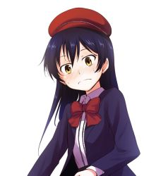 Rule 34 | 1girl, beret, blue hair, blush, commentary request, hair between eyes, hat, long hair, looking at viewer, love live!, love live! school idol festival, love live! school idol project, nanotsuki, one-hour drawing challenge, red ribbon, ribbon, simple background, solo, sonoda umi, wavy mouth, white background, yellow eyes