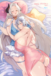 Rule 34 | 2girls, ass, black horns, blush, borrowed character, breasts, closed eyes, commission, eno yukimi, feet out of frame, grey hair, hanako (debaucheryninja), hand on another&#039;s head, horns, hug, huge breasts, long hair, lying, multiple girls, on back, original, parted lips, pillow, pointy ears, second-party source, short hair, skeb commission, sleeping, vella (debaucheryninja), very long hair, yuri