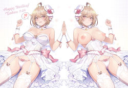Rule 34 | 2girls, ahoge, back bow, bare shoulders, blush, bow, bow panties, bracelet, breasts, bridal gauntlets, character name, cleavage, closed mouth, commentary request, corset, cowboy shot, dated, detached collar, dual persona, fingernails, floral print, flower, garter belt, glint, gloves, gluteal fold, groin, hair between eyes, hair flaps, halftone, halftone background, hands up, happy birthday, hat, hat flower, hat ribbon, heart, highres, holding hands, ibuki tsubasa, idolmaster, idolmaster million live!, idolmaster million live! theater days, jewelry, large breasts, light brown hair, long hair, machi (machi333), mini hat, multiple girls, palms together, panties, parted lips, pearl bracelet, pendant, pink bow, pink eyes, pink flower, pink ribbon, pink rose, print legwear, raised eyebrows, ribbon, rose, see-through, short hair, skirt, smile, speech bubble, spoken heart, string panties, sweat, thighhighs, top hat, two-tone ribbon, underbust, underwear, water drop, wet, wet hair, white background, white gloves, white headwear, white legwear, white panties, white ribbon, white skirt