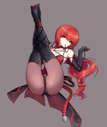 Rule 34 | 1girl, bad id, bad pixiv id, black footwear, black gloves, black panties, blouse, boots, bow, crimson avenger (elsword), elbow gloves, elesis (elsword), elsword, full body, gloves, grey background, hair bow, high heel boots, high heels, highres, legs together, legs up, long hair, looking at viewer, low-tied long hair, lying, mouth hold, on back, panties, pantyhose, ponytail, red bow, red eyes, red hair, ribbon, ribbon in mouth, shirt, simple background, sleeveless, sleeveless shirt, solo, tacticalfield, thigh boots, thighhighs, underwear, very long hair