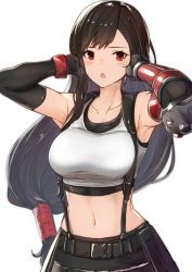 Rule 34 | 1girl, :o, armpits, arms up, bare shoulders, black gloves, black skirt, blush, breasts, brown hair, collarbone, commentary request, cowboy shot, crop top, earrings, elbow gloves, elbow pads, final fantasy, final fantasy vii, final fantasy vii remake, gloves, jewelry, large breasts, long hair, looking at viewer, low-tied long hair, navel, open mouth, red eyes, simple background, single sidelock, skirt, sleeveless, solo, stomach, suspender skirt, suspenders, tifa lockhart, very long hair, white background, yuuzuki (re&#039;ef)