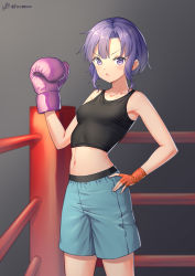 Rule 34 | 1girl, absurdres, armpit peek, asymmetrical gloves, black background, black tank top, blue shorts, blush, boxing gloves, boxing ring, breasts, chinese commentary, collarbone, cowboy shot, fingerless gloves, gloves, hand on own hip, highres, looking at viewer, medium breasts, midriff, mismatched gloves, navel, open mouth, original, parted bangs, purple eyes, purple hair, red gloves, short hair, shorts, simple background, sleeveless, solo, standing, tank top, taut clothes, tomboy, toned, tsurime, weibo watermark, xiaoxi0619