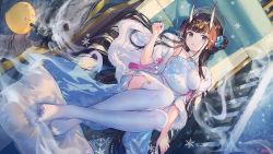 Rule 34 | 1girl, artist name, atdan, azur lane, bare shoulders, black hair, dress, feet, from side, full body, fur trim, highres, horns, knees up, leg up, long hair, looking at viewer, looking to the side, lying, manjuu (azur lane), noshiro (azur lane), noshiro (fragrance of the eastern snow) (azur lane), off shoulder, official alternate costume, on back, oni horns, open mouth, purple eyes, short dress, single thighhigh, sleeveless, sleeveless dress, smile, soles, solo, thighhighs, thighs, toes, very long hair, white dress, white thighhighs