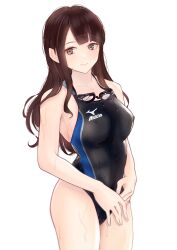 Rule 34 | 1girl, black one-piece swimsuit, blunt bangs, brown eyes, brown hair, commentary request, competition swimsuit, covered erect nipples, cowboy shot, goggles, goggles around neck, highres, long hair, mizuno (brand), multicolored clothes, multicolored swimsuit, nobita (nbnobita), one-piece swimsuit, original, simple background, solo, swimsuit, wet, wet clothes, wet swimsuit, white background
