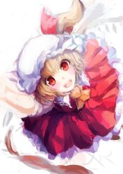 Rule 34 | 1girl, ascot, ayaya, bad id, bad pixiv id, blonde hair, blush, fang, female focus, flandre scarlet, hat, red eyes, short hair, side ponytail, solo, embodiment of scarlet devil, touhou, traditional media, wings