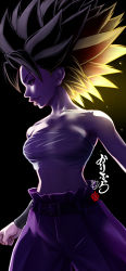 Rule 34 | 1girl, absurdres, backlighting, bare shoulders, belt, black background, black eyes, black hair, caulifla, character name, clenched hand, collarbone, dragon ball, dragon ball super, grin, high-waist pants, highres, kanchiyo, looking to the side, midriff, pants, purple pants, sleeveless, smile, solo, spiked hair, tape, translation request