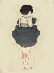 Rule 34 | 1girl, bare legs, barefoot, bday 0127, black hair, bleeding, blood, bowl cut, child, child abuse, cropped jacket, crying, facing away, from behind, full body, grey skirt, hanbok, highres, injury, korean clothes, long sleeves, original, shirt, short hair, skirt, skirt hold, solo, standing, tears, whip marks, white shirt