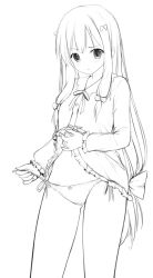 Rule 34 | 10s, 1girl, blush, bow, bow panties, closed mouth, clothes lift, cowboy shot, eromanga sensei, frills, greyscale, hair bow, highres, izumi sagiri, lifted by self, lineart, long hair, looking at viewer, low-tied long hair, monochrome, pajamas, panties, side-tie panties, simple background, solo, sousouman, thighs, underwear