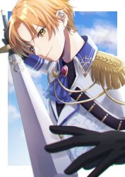 Rule 34 | 1boy, ascot, black gloves, blonde hair, brooch, closed mouth, collared shirt, commentary, earrings, epaulettes, gloves, green eyes, highres, holding, holding sword, holding weapon, jewelry, kaitou shinshi no harahara!? white day (project sekai), long sleeves, male focus, multicolored hair, official alternate costume, official alternate hairstyle, orange hair, project sekai, shinonome akito, shirt, solo, streaked hair, sword, upper body, weapon, yk62