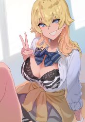 Rule 34 | 1girl, animal print, black bra, blonde hair, blue bow, blue eyes, bow, bowtie, bra, breasts, breasts out, brown sweater, cameltoe, clothes around waist, collared shirt, dress shirt, earrings, ev (dai00888), grey panties, grey skirt, grin, gyaru, hair between eyes, highres, indoors, jewelry, large breasts, leg up, long hair, long sleeves, looking at viewer, multicolored hair, nail polish, open clothes, open shirt, original, panties, pantyshot, pink hair, pink nails, shirt, sitting, skirt, sleeves rolled up, smile, solo, streaked hair, striped bra, striped clothes, striped panties, stud earrings, sweater, sweater around waist, tiger print, underwear, white shirt, window, wristband