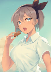Rule 34 | 1girl, alternate breast size, alternate costume, bea (pokemon), blue eyes, blue sky, breasts, casual, cloud, cloudy sky, collared shirt, commentary, cookie, creatures (company), dark-skinned female, dark skin, day, eating, food, game freak, hair between eyes, hairband, highres, holding, holding cookie, holding food, koikeya, large breasts, looking at viewer, nintendo, open mouth, outdoors, pokemon, pokemon swsh, shirt, short hair, short sleeves, silver hair, sky, solo, upper body, white shirt, wing collar