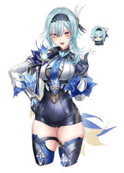 Rule 34 | 1girl, :d, absurdres, artist name, black footwear, black hairband, black leotard, blue cape, blue hair, blue necktie, bodystocking, boots, breasts, cape, chibi, chibi inset, clothing cutout, cropped legs, eula (genshin impact), genshin impact, gloves, hair between eyes, hairband, highres, large breasts, leotard, looking at viewer, medium hair, meme, necktie, open mouth, pottsness, reference inset, shoulder cutout, simple background, skindentation, smile, solo, standing, thigh boots, thigh strap, thighhighs, thumbs up, tight clothes, vision (genshin impact), white sleeves, yellow eyes