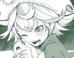 Rule 34 | 1girl, :d, capelet, creature, green theme, hat, horizontal pupils, hug, looking down, made in abyss, meinya (made in abyss), monochrome, one eye closed, open mouth, prushka, short hair, smile, usuki (usukine1go)