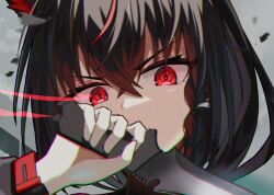 Rule 34 | 1girl, absurdres, angry, animal ear fluff, animal ears, black hair, black jacket, braid, chromatic aberration, combat knife, commentary request, eye trail, fox ears, fox girl, glaring, hair between eyes, hand up, highres, holding, holding knife, hololive, jacket, knife, kurokami fubuki, light trail, looking at viewer, multicolored hair, nagae yama, red eyes, red hair, side braid, sidelocks, solo, streaked hair, virtual youtuber, weapon