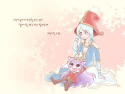 Rule 34 | 1boy, 1girl, :d, alternate costume, aqua hair, ashe (league of legends), black eyes, blue eyes, colorized, crown, dress, green dew, jewelry, korean text, league of legends, long hair, lulu (league of legends), necklace, open mouth, pointed boots, purple hair, sitting, sitting on lap, sitting on person, smile, translation request, yordle