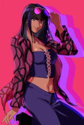 Rule 34 | 1girl, black hair, blunt bangs, crop top, cross-laced clothes, cross-laced top, highres, looking to the side, medium hair, navel, nico robin, one piece, open clothes, open shirt, pants, pink background, purple-tinted eyewear, purple pants, purple shirt, shirt, simple background, smile, solo, sunglasses, sweepswoop, tinted eyewear