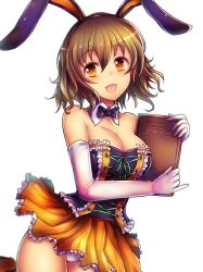 Rule 34 | 10s, 1girl, :d, animal ears, bare shoulders, blush, breasts, brown hair, rabbit ears, cleavage, cowboy shot, detached collar, elbow gloves, fake animal ears, gloves, hairband, idolmaster, idolmaster cinderella girls, kara (color), large breasts, looking at viewer, md5 mismatch, menu, namiki meiko, open mouth, orange eyes, panties, pantyshot, polka dot, polka dot panties, short hair, skirt, smile, solo, underwear, white background, white gloves
