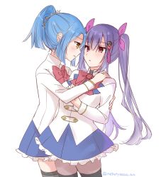 Rule 34 | 2girls, assault lily, benini, black thighhighs, blue hair, blue skirt, blush, bow, bowtie, breasts, buttons, commentary request, cowboy shot, eye contact, face-to-face, frilled skirt, frills, hair between eyes, hair ornament, hair ribbon, hand on another&#039;s arm, hand on another&#039;s shoulder, hand up, hands up, herensuge girls academy school uniform, high ponytail, highres, jacket, jewelry, long hair, long sleeves, looking at another, makino mitake, matsumura fuuka, medium breasts, miniskirt, multiple girls, pantyhose, parted lips, pink eyes, pink ribbon, ponytail, profile, purple hair, red bow, red bowtie, ribbon, ring, school uniform, short hair, simple background, skirt, standing, tassel, tassel hair ornament, thighhighs, thighhighs over pantyhose, twintails, twitter username, very long hair, white background, white jacket, yellow eyes, yuri, zettai ryouiki