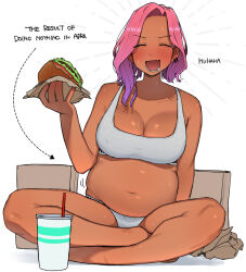Rule 34 | 1girl, big belly, blush, bra, breasts, burger, cleavage, cup, dark-skinned female, dark skin, disposable cup, earrings, english text, food, jewelry, large breasts, looking at viewer, ohasi, open mouth, original, panties, pink (ohasi), pink hair, plump, short hair, simple background, solo, sweat, underwear, white background