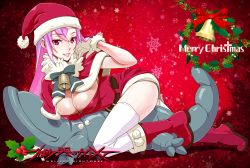 Rule 34 | 1girl, bell, boots, bow, breasts, christmas, cleavage, date naoto, gloves, hat, highres, holly, knee boots, large breasts, long hair, looking at viewer, mistletoe, original, parted lips, pink eyes, pink hair, santa costume, santa hat, shiny skin, smile, solo, stuffed animal, stuffed toy, thighhighs, thighs, wreath, zettai ryouiki