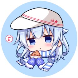Rule 34 | 1girl, blue eyes, blue hair, chibi, commentary request, eating, eighth note, flat cap, food, hammer and sickle, hat, hibiki (kancolle), kantai collection, kashiwadokoro, light blue hair, long hair, mittens, musical note, scarf, snowflake print, solo, spoken musical note, striped clothes, striped scarf, taiyaki, upper body, verniy (kancolle), wagashi, white hat