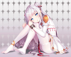 Rule 34 | + +, 1girl, azur lane, blue eyes, bow, btraphen, commentary request, double bun, dress, full body, hair bow, hair bun, highres, hugging own legs, knees up, le malin (azur lane), long sleeves, looking at viewer, no shoes, pantyhose, parted lips, silver hair, sitting, soles, solo, striped, striped bow, thighband pantyhose, white dress, white pantyhose
