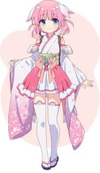 Rule 34 | 1girl, blue eyes, flat chest, haizakura (prima doll), japanese clothes, kimono, long sleeves, pink hair, prima doll, sandals, socks, white socks