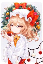 Rule 34 | 1girl, adapted costume, alternate wings, apple, blonde hair, christmas ornaments, commentary, crystal, fingernails, flandre scarlet, food, fruit, grey background, hands up, hat, hat ribbon, highres, holding, holding food, holding fruit, katai (nekoneko0720), long fingernails, long sleeves, looking at viewer, medium hair, mob cap, nail polish, red eyes, red neckwear, red ribbon, ribbon, shirt, side ponytail, sparkle, touhou, upper body, white headwear, white shirt, wings, wreath, yellow neckwear
