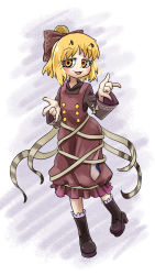 Rule 34 | 1girl, antennae, blonde hair, boots, bow, brown dress, chamaji, commentary request, dress, frilled boots, frills, hair bow, highres, kurodani yamame, looking at viewer, m/, ribbon, short hair, simple background, smile, solo, touhou, yellow eyes