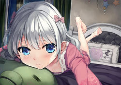 Rule 34 | 10s, 1girl, 54cr, barefoot, bed, bedroom, blue eyes, blush, bow, eromanga sensei, feet, foreshortening, hair bow, half-closed eyes, indoors, izumi sagiri, long hair, long sleeves, looking at viewer, lying, on bed, on stomach, outstretched arm, pajamas, pillow, pink bow, pov, silver hair, soles, solo, star (symbol), toes, zzz