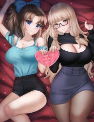 Rule 34 | 2girls, arm up, black-framed eyewear, black shorts, blue bow, blue eyes, blue shirt, blue skirt, blush, bow, breasts, brown hair, character request, cleavage, cleavage cutout, clothing cutout, commentary, commission, copyright request, feet out of frame, gigamessy, glasses, grin, hair bow, heart, highres, holding, large breasts, light brown hair, long hair, looking at viewer, miniskirt, multiple girls, off-shoulder shirt, off shoulder, pantyhose, parted lips, pencil skirt, ponytail, shirt, short shorts, short sleeves, shorts, skirt, smile, take your pick, thighs, very long hair