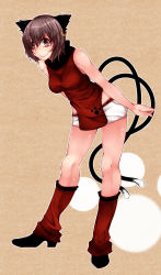 Rule 34 | 1girl, animal ears, aoshima, boots, breasts, brown eyes, brown hair, cat ears, cat tail, chen, dress, earrings, full body, highres, jewelry, leaning forward, lips, looking at viewer, medium breasts, multiple tails, nekomata, short hair, short shorts, shorts, single earring, sleeveless, sleeveless dress, smile, solo, tail, thighs, touhou, turtleneck, two tails