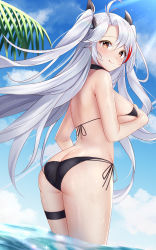 Rule 34 | 1girl, :q, absurdres, ass, azur lane, bikini, black bikini, black neckwear, black ribbon, blue sky, blush, breasts, choker, closed mouth, from behind, hair ornament, hair ribbon, halterneck, highres, in water, jyu-so, large breasts, long hair, looking at viewer, looking back, multicolored hair, official alternate costume, outdoors, parted bangs, prinz eugen (azur lane), red eyes, red hair, ribbon, side-tie bikini bottom, silver hair, sky, smile, solo, streaked hair, string bikini, swimsuit, thigh strap, thighs, tongue, tongue out, two side up, underboob, wading, wet