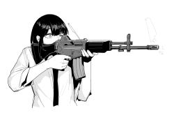 Rule 34 | 1girl, aiming, assault rifle, daewoo k2, female commander (girls&#039; frontline), finger on trigger, firing, girls&#039; frontline, greyscale, gun, holding, holding gun, holding weapon, huqu, long sleeves, monochrome, necktie, one eye closed, rifle, shirt, simple background, solo, upper body, weapon, white background, wide-eyed