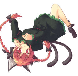 Rule 34 | 1girl, animal ears, bow, braid, cat ears, cat girl, cat tail, extra ears, female focus, hair bow, kaenbyou rin, looking at viewer, lying, multiple tails, nanashi (soregashi), no socks, on back, paw pose, red eyes, red hair, simple background, solo, tail, touhou, twin braids, twintails, upside-down