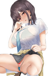 Rule 34 | 1girl, absurdres, bikini, black skirt, blue bikini, breasts, brown footwear, choker, cleft of venus, clothes lift, collared shirt, dot nose, hair between eyes, hand on own cheek, hand on own face, highres, hotate-chan, large breasts, looking at viewer, micro bikini, mole, mole under mouth, necktie, open mouth, original, pubic tattoo, red eyes, school uniform, see-through, shirt, sidelocks, skirt, skirt lift, solo, squatting, swimsuit, tattoo, thighs, tied sweater, twintails, wedgie, white shirt