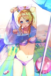 Rule 34 | 10s, 1girl, arms up, ayase eli, ball, beach, beachball, bikini, blonde hair, blue eyes, bow, bracelet, breasts, cleavage, cowboy shot, earrings, hair bow, hair ornament, hairband, highres, jewelry, large breasts, long hair, love live!, love live! school idol festival, love live! school idol project, nail polish, navel, o-ring, o-ring bikini, o-ring top, open mouth, outdoors, solo, sonko, standing, striped bikini, striped clothes, swimsuit, swimsuit under clothes, teeth, undressing