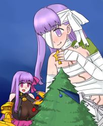 Rule 34 | 3girls, :p, bandage over one eye, bandaged, bandaged arm, bandaged hand, bandaged head, bandaged leg, bandaged neck, bandages, bare shoulders, blush, bow, breasts, christmas, christmas ornaments, christmas tree, claws, dusk, fate/extra, fate/extra ccc, fate/grand order, fate (series), giant, giantess, highres, huge breasts, kingprotea (fate), leg lift, long hair, magenta eyes, meltryllis (fate), metal arms, moss, multiple girls, night, night sky, o-ring, passionlip (fate), pink bow, pink skirt, purple eyes, purple hair, raskasar, skirt, sky, small breasts, spikes, star (symbol), tongue, tongue out, very long hair