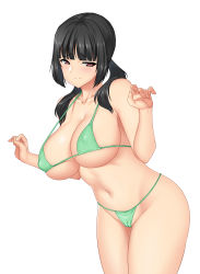 Rule 34 | 1girl, arms at sides, bikini, black hair, blush, breasts, cameltoe, cleavage, commentary request, covered erect nipples, cowboy shot, green bikini, highres, large breasts, long hair, looking at viewer, micro bikini, mokkori9, navel, original, red eyes, sidelocks, simple background, smile, solo, swimsuit, tsurime, twintails, white background