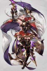Rule 34 | 1girl, armored boots, axe, bare shoulders, blush, boots, breasts, draph, elbow gloves, gloves, granblue fantasy, grey background, grey hair, highres, horns, large breasts, long hair, looking at viewer, open clothes, open mouth, pointy ears, red eyes, red skirt, robe, simple background, skirt, smile, solo, soraneko hino, threo (granblue fantasy)