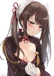 Rule 34 | 1girl, azur lane, bell, blush, breasts, brown hair, collarbone, commentary request, dragon horns, floral print, gloves, hair between eyes, hair ribbon, half-closed eyes, haruna (azur lane), highres, horns, jacket, jacket tug, kaetzchen, long hair, looking away, looking down, medium breasts, military, military uniform, no bra, parted lips, red eyes, red ribbon, ribbon, sidelocks, simple background, sweat, tassel, twintails, uniform, upper body, white background, white gloves, wide sleeves