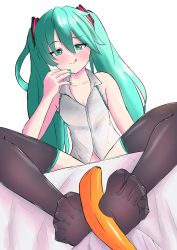 Rule 34 | 1girl, banana, blue eyes, blue hair, blush, feet, food, fruit, hatsune miku, highres, licking lips, long hair, looking at viewer, see-through, see-through legwear, sexually suggestive, soles, toes, tongue, tongue out, twintails, vocaloid